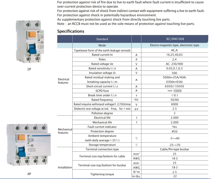 New Type 32A 100mA Iidk Residual Current Circuit Breaker (RCCB)